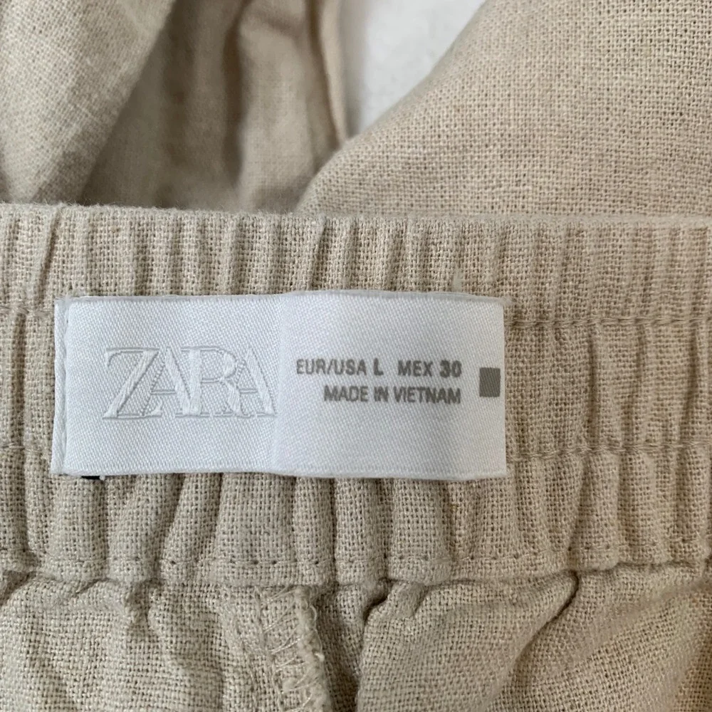 Zara Linen Blend Wide Leg Drawstring Pants‎ Beige Oatmeal Size Large